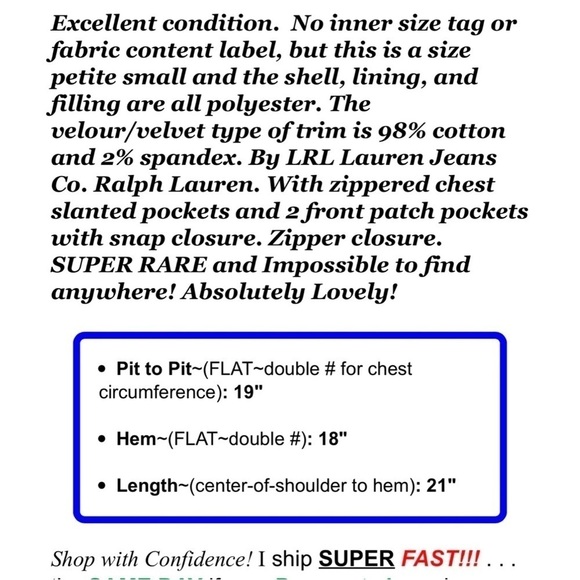 LRL Ralph Lauren Jeans Co Womens Sz PS P S Black Quilted Vest Jacket Full Zip Up - Picture 2 of 5